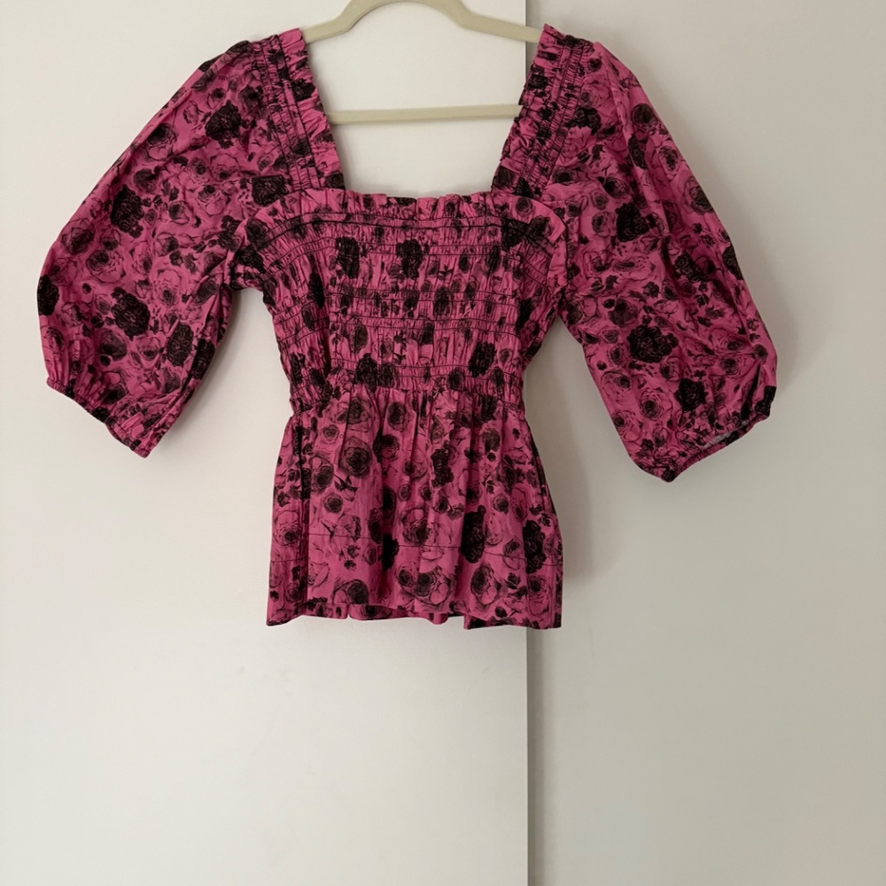 GANNI Pink and Black Floral Smocked Cotton Top - Sz 38 US 6 - Picture 9 of 12
